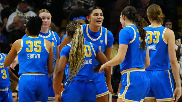 UCLA Bruins center Lauren Betts (51) and guard Camryn Brown (35) and guard Charisma Osborne (20) and forward Angela Dugalic (32) and forward Amanda Muse